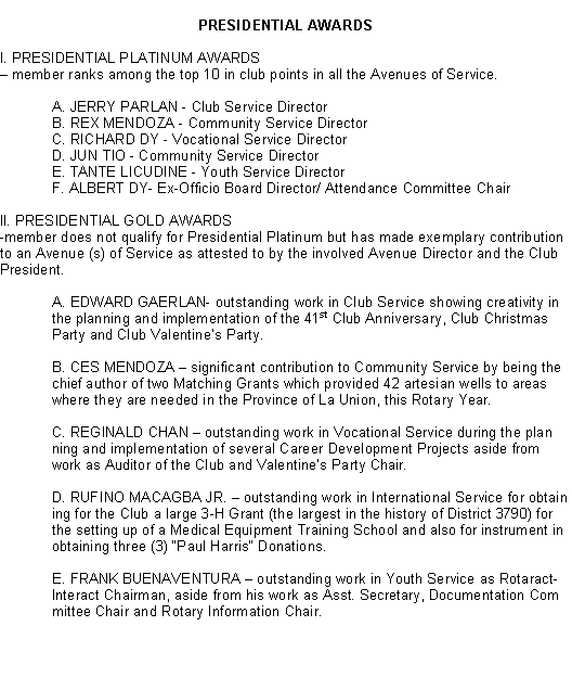 Text Box: PRESIDENTIAL AWARDSI. PRESIDENTIAL PLATINUM AWARDS member ranks among the top 10 in club points in all the Avenues of Service.	A. JERRY PARLAN - Club Service Director	B. REX MENDOZA - Community Service Director	C. RICHARD DY - Vocational Service Director	D. JUN TIO - Community Service Director	E. TANTE LICUDINE - Youth Service DirectorF. ALBERT DY- Ex-Officio Board Director/ Attendance Committee ChairII. PRESIDENTIAL GOLD AWARDS-member does not qualify for Presidential Platinum but has made exemplary contribution to an Avenue (s) of Service as attested to by the involved Avenue Director and the Club President.	A. EDWARD GAERLAN- outstanding work in Club Service showing creativity in 	the planning and implementation of the 41st Club Anniversary, Club Christmas 	Party and Club Valentines Party.	B. CES MENDOZA  significant contribution to Community Service by being the 	chief author of two Matching Grants which provided 42 artesian wells to areas 	where they are needed in the Province of La Union, this Rotary Year.	C. REGINALD CHAN  outstanding work in Vocational Service during the plan	ning and implementation of several Career Development Projects aside from 	work as Auditor of the Club and Valentines Party Chair.	D. RUFINO MACAGBA JR.  outstanding work in International Service for obtain	ing for the Club a large 3-H Grant (the largest in the history of District 3790) for 	the setting up of a Medical Equipment Training School and also for instrument in 	obtaining three (3) Paul Harris Donations.	E. FRANK BUENAVENTURA  outstanding work in Youth Service as Rotaract- 	Interact Chairman, aside from his work as Asst. Secretary, Documentation Com	mittee Chair and Rotary Information Chair.